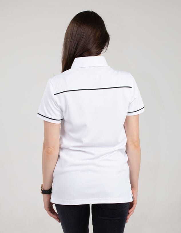 A white polo shirt with a contrasting trim, featuring a branded logo on the back.