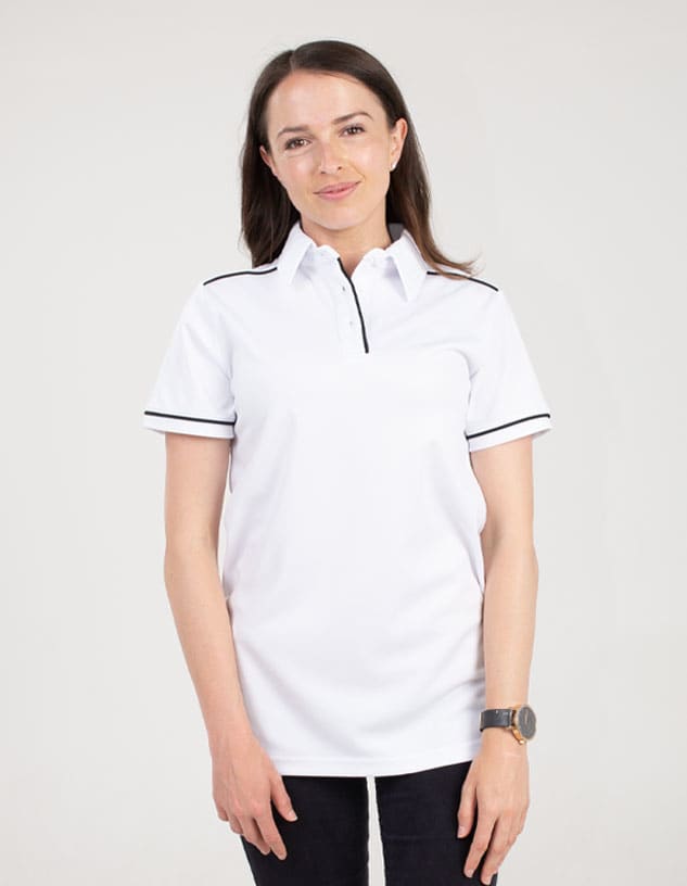 A white polo shirt with black trim and a collar, featuring a logo.
