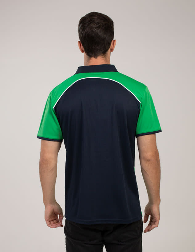 A navy blue polo shirt featuring green sleeves and white detailing, with a branding logo on the back.