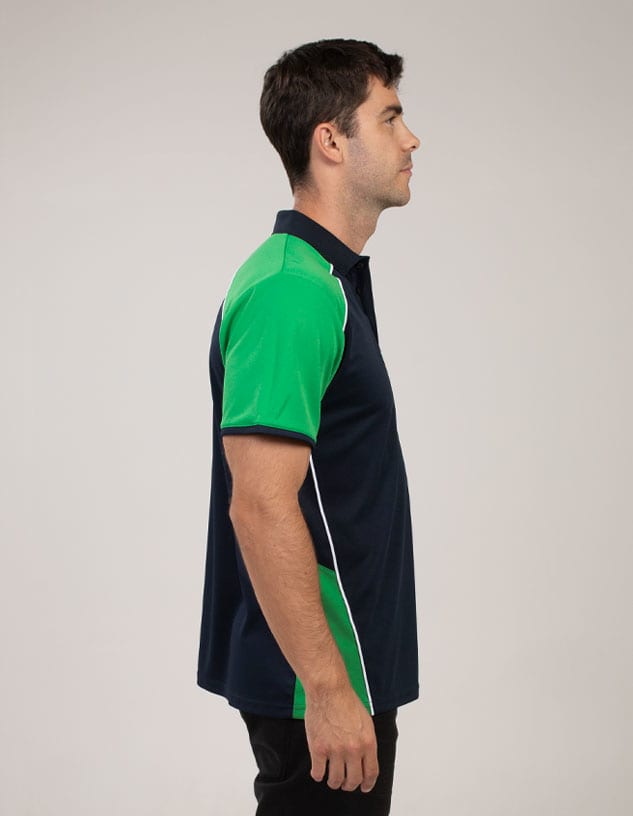 A polo shirt featuring a navy body with vibrant green and white accents, including a logo.