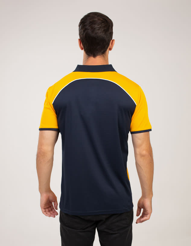 A polo shirt featuring a navy blue base with bright yellow accents and a logo.