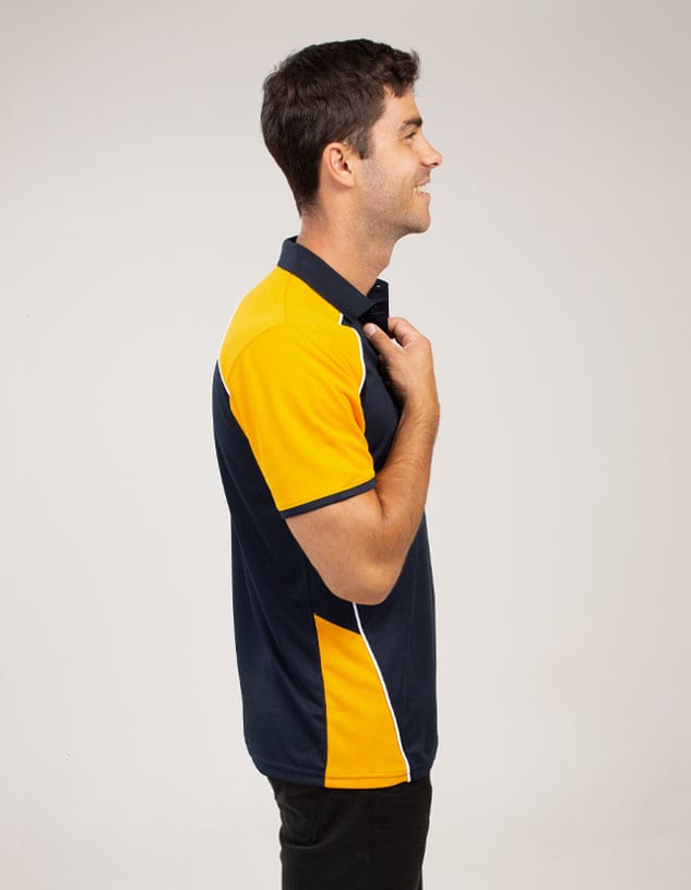 A polo shirt featuring a navy base with bright yellow accents and a logo.
