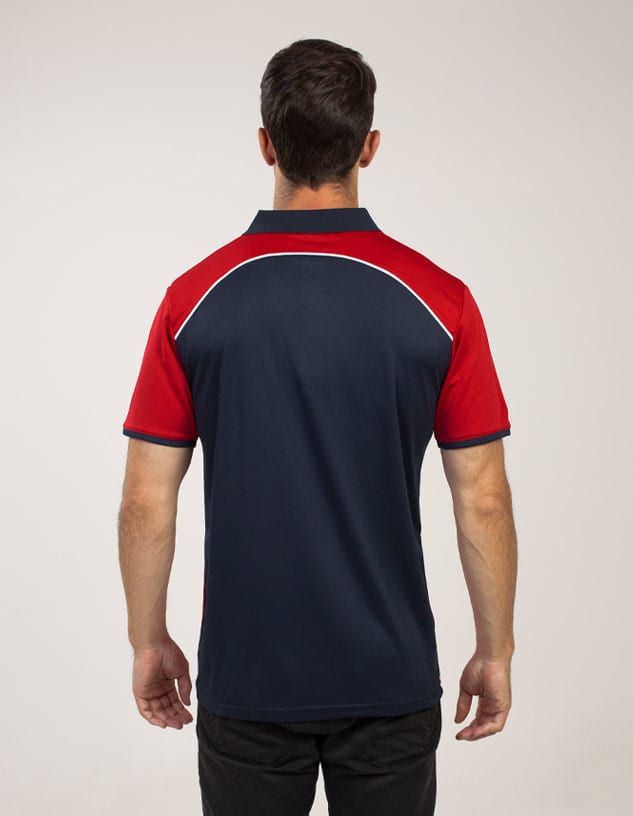 A polo shirt featuring a navy blue body with red shoulders and white piping, along with a logo on the back.