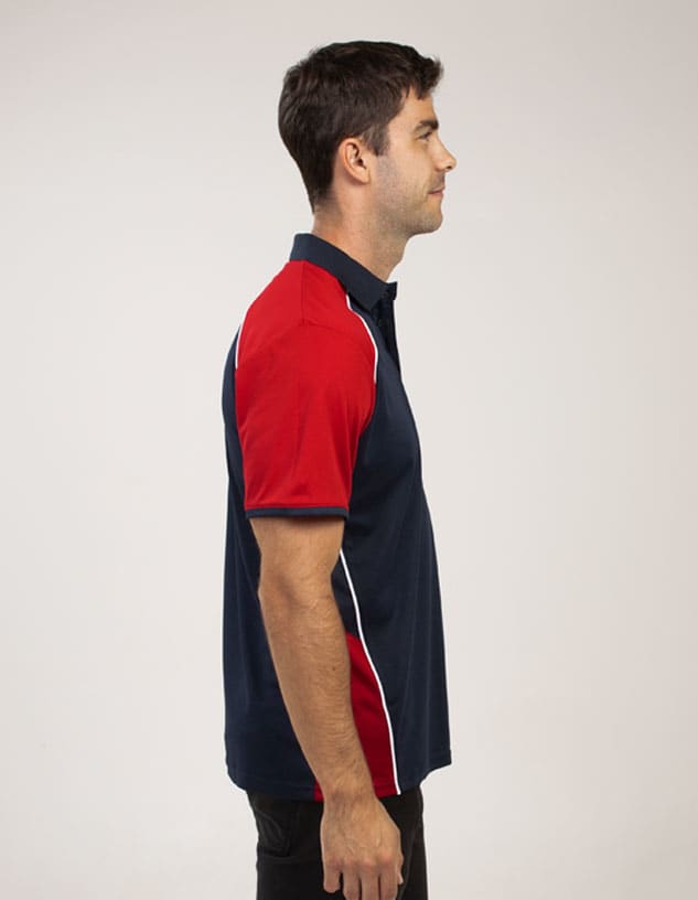 A polo shirt featuring a navy blue base with red sleeves and white accents. It includes a logo on the front.