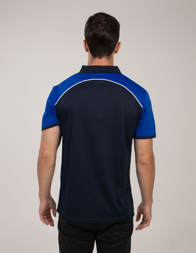 A navy blue polo shirt with blue accents and a logo on the back, displayed on a model.