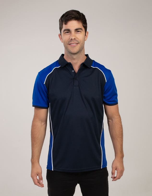 A navy and blue polo shirt featuring short sleeves and a collar, with a logo on the chest area.