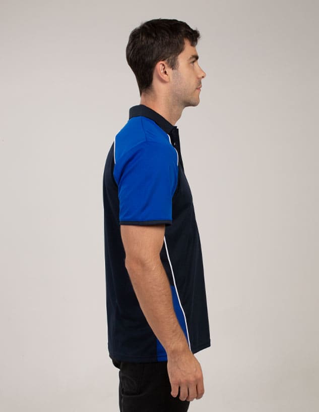 A polo shirt featuring navy blue and royal blue colours, with a logo on the chest.