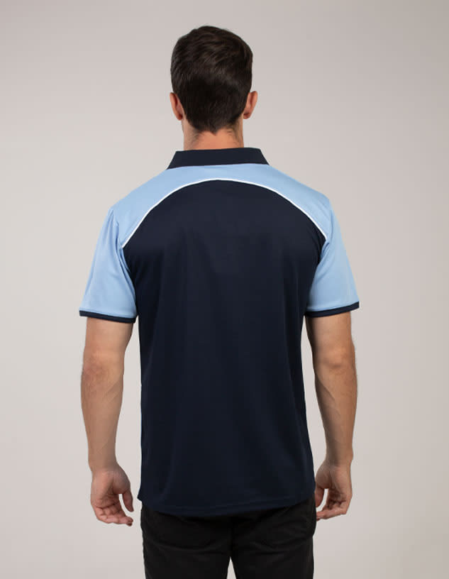 A navy and light blue polo shirt with a logo on the back, featuring short sleeves and a collared neckline.