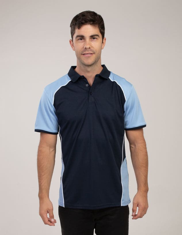 A navy and light blue polo shirt with a logo on the chest, featuring a two-tone design and a classic collar.