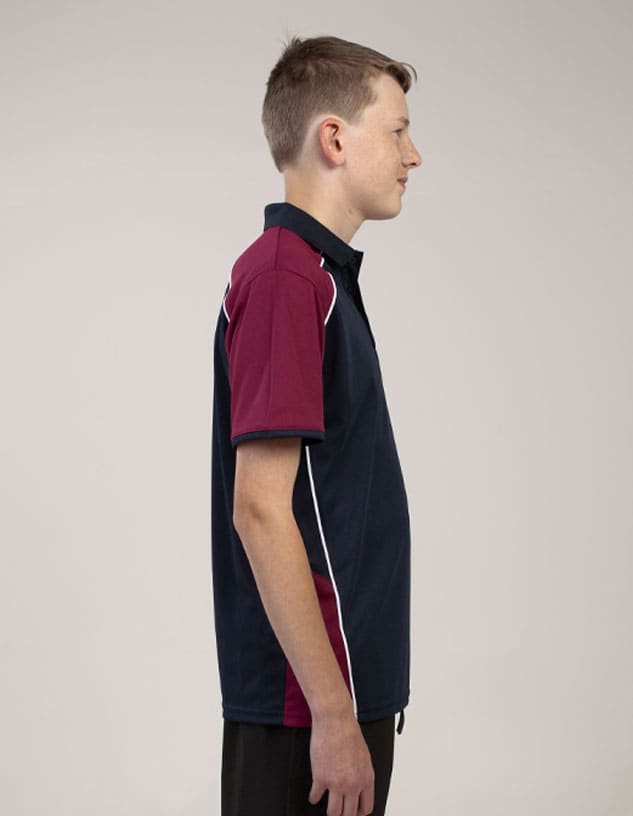 A polo shirt featuring navy blue and maroon colours, with a logo on the front and contrasting details on the sleeves.