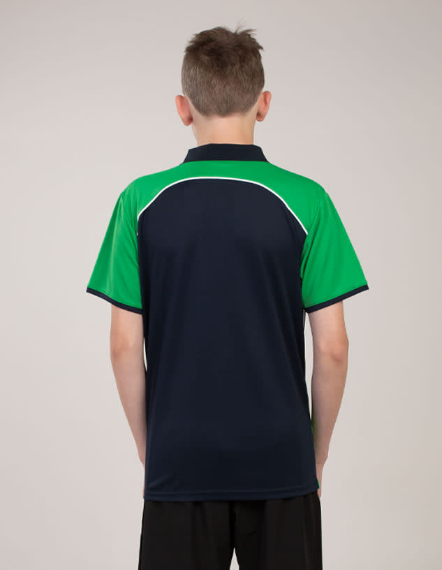 A navy blue and green polo shirt with a contrasting design and a small logo on the back.