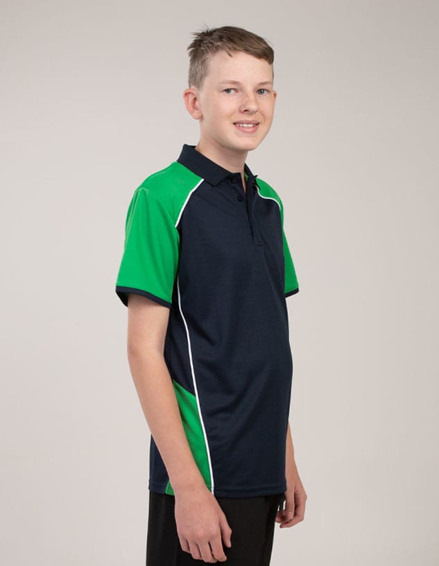 A polo shirt in navy blue with green accents and white piping, featuring a logo. Suitable for casual wear.