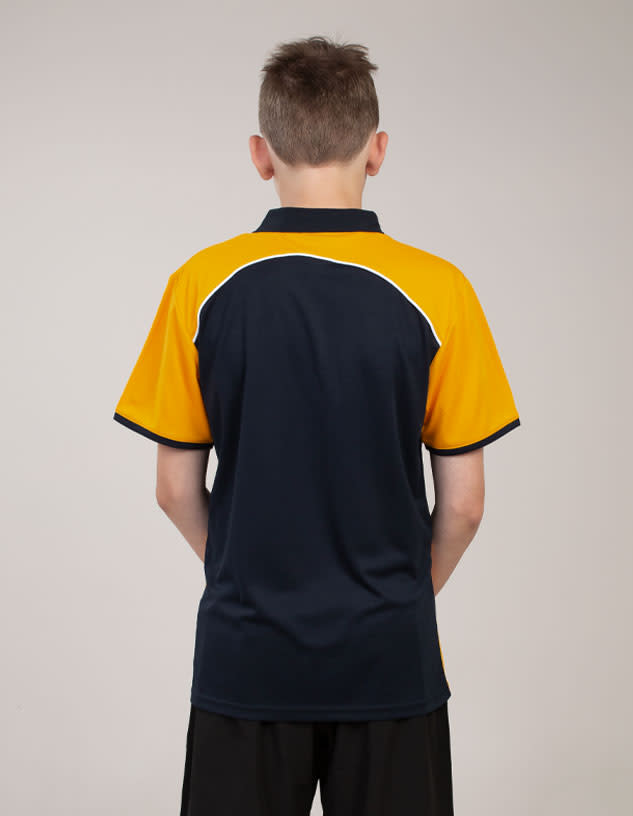 A polo shirt in navy blue and bright yellow with contrasting trim. It features a logo on the back.