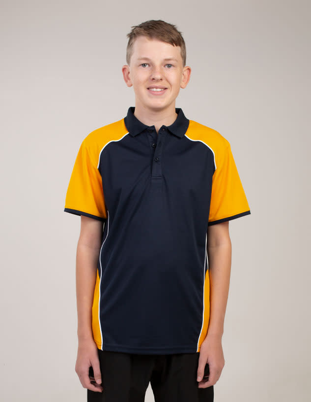 A polo shirt featuring navy blue and orange colours with a logo. Suitable for casual or sporty wear.