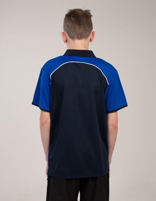 A navy blue polo shirt with blue accents and a logo on the back, worn by a young person.