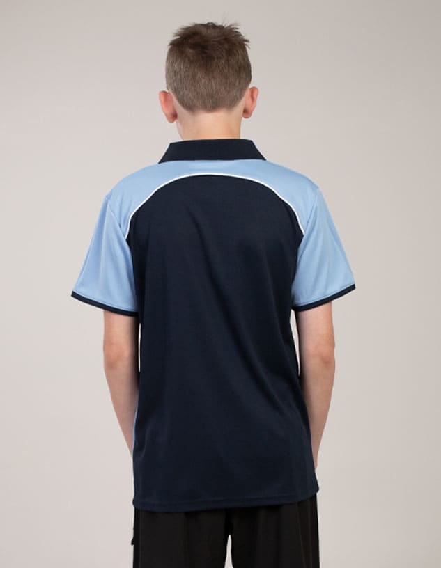 A navy blue polo shirt with light blue accents, featuring a logo on the back.