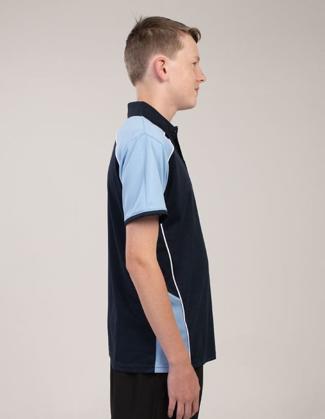 A navy and light blue polo shirt with contrasting side panels and a logo on the chest.