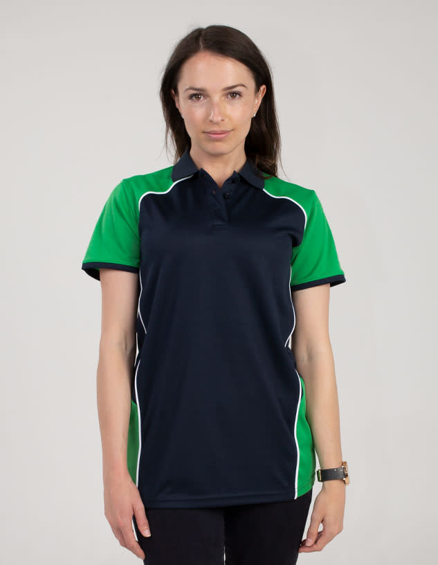 A polo shirt in navy blue with green sleeves and white accents, featuring a logo.
