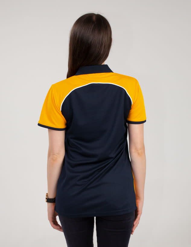 A navy and gold polo shirt with short sleeves and a logo on the back.