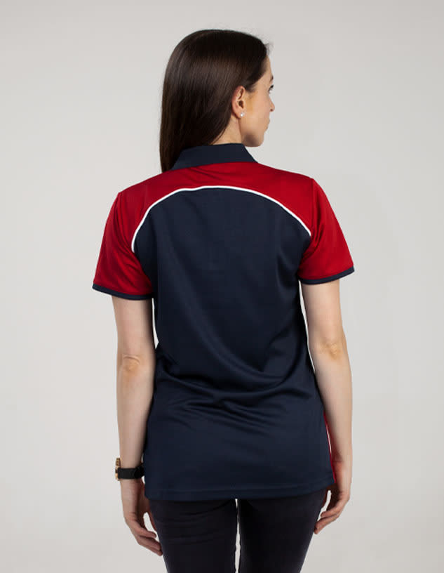 A navy and red polo shirt featuring a contrasting design and a logo on the back.