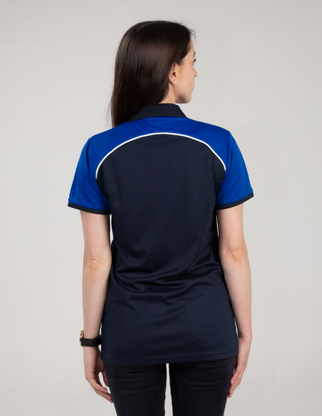 A navy blue polo shirt with blue accents, featuring a logo on the back.