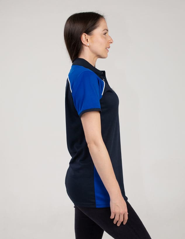 A navy and blue polo shirt with contrasting colour inserts, featuring a logo on the chest.