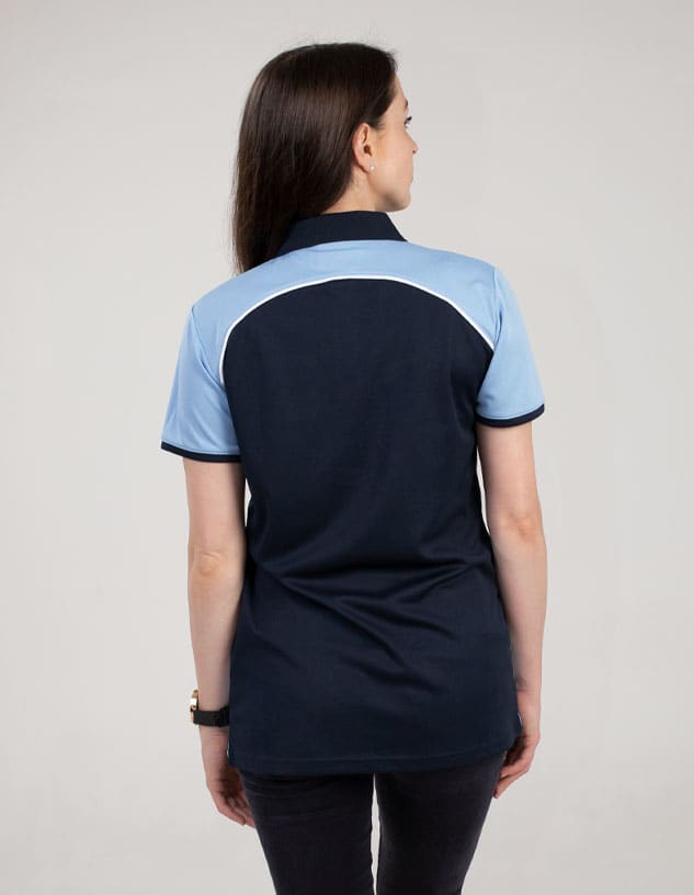 A navy and light blue polo shirt with a split-colour design, featuring a logo on the front.