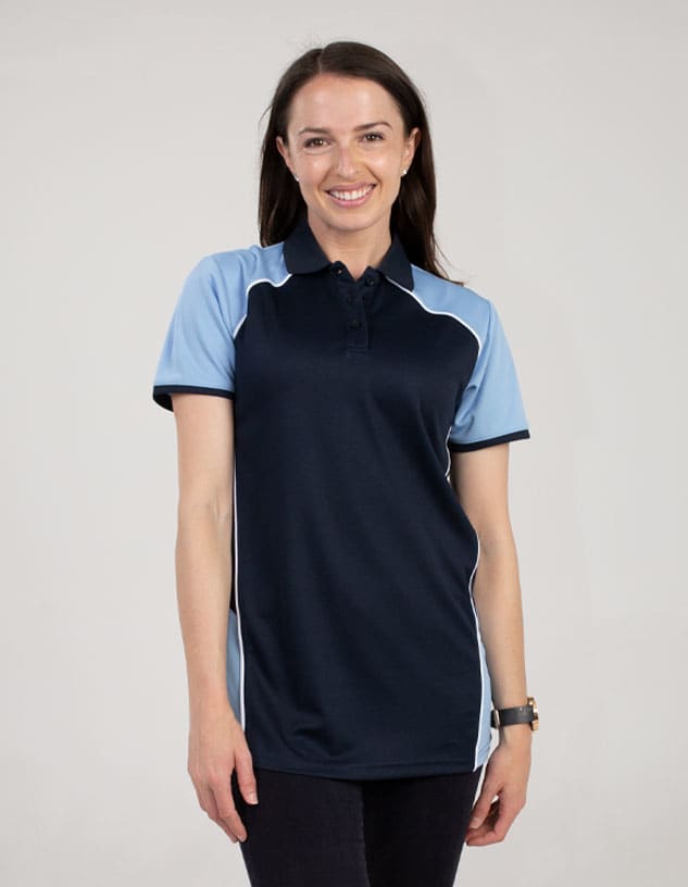 A navy and light blue polo shirt with a logo, worn by a smiling woman.
