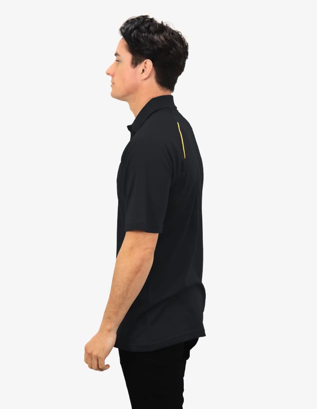 A black polo shirt with a yellow accent, featuring a logo, displayed on a model from the side.