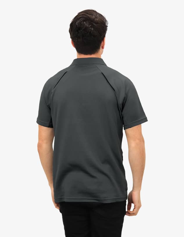 A charcoal polo shirt with short sleeves and a single logo on the back, modelled by a person from behind.