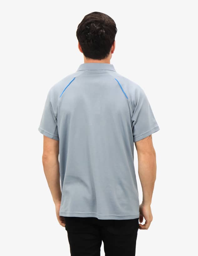 A grey polo shirt featuring a contrasting blue detail and a logo on the back.