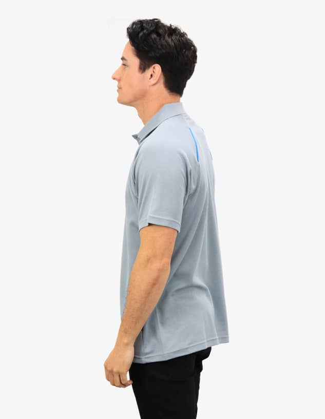 A light grey polo shirt with a logo, featuring a classic collar and short sleeves.