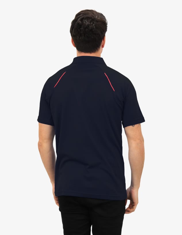 A navy polo shirt featuring red accents, presented from the back view on a model. Includes branding.