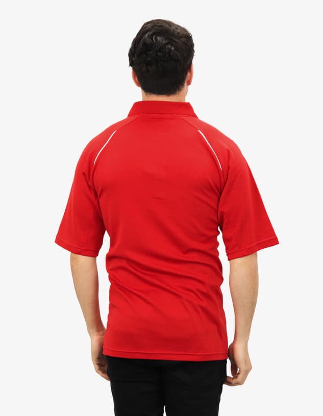 A red polo shirt with short sleeves, featuring a logo and white detailing on the shoulders.