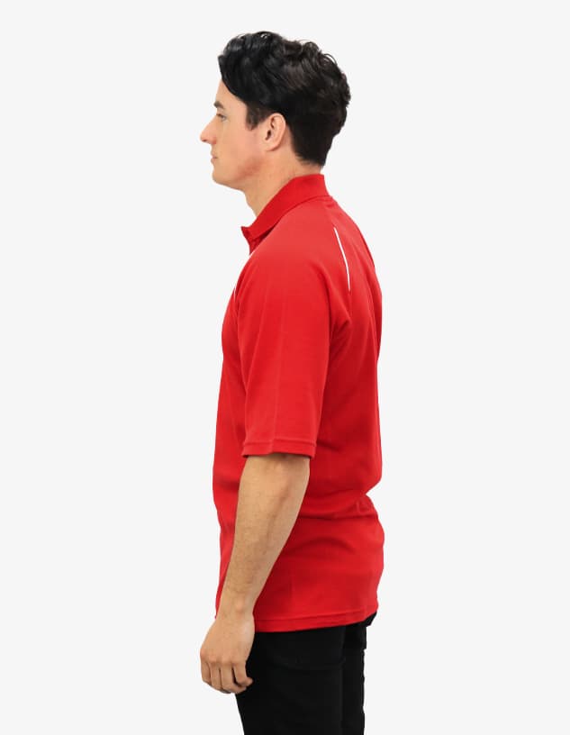 A red polo shirt with a simple design, featuring a logo on the front and a seam detail on the back.