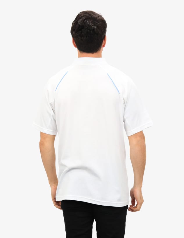 A white polo shirt with a blue accent and a logo on the back, designed for casual wear.