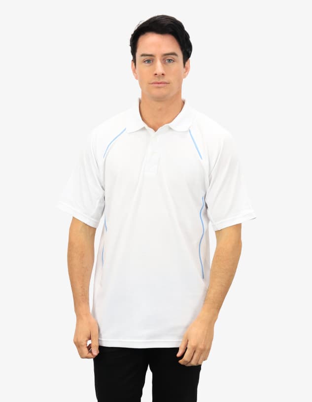 A white polo shirt featuring blue accents and a logo. The shirt has a standard collar and short sleeves.
