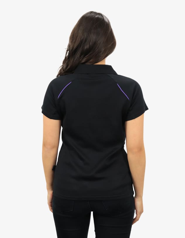 A black polo shirt with purple detailing, featuring a logo on the back.