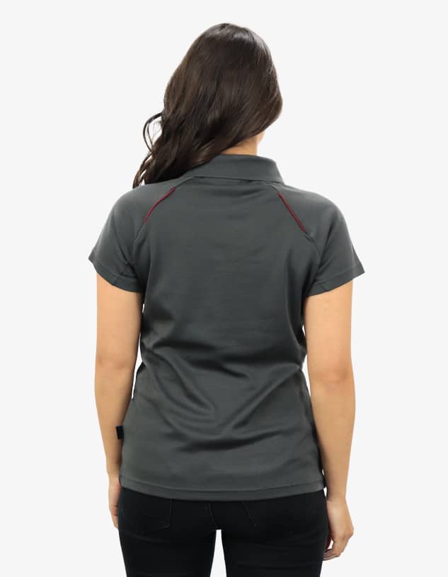 A grey women's polo shirt featuring short sleeves and a fitted design, with a logo on the back.