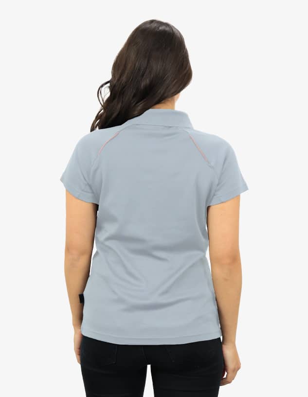 A grey polo shirt with a fitted design, featuring a collar and short sleeves. It has a logo on the side.