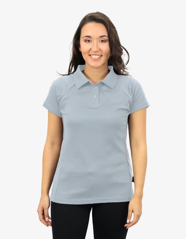 A polo shirt in light grey, featuring a collar, short sleeves, and a branding logo.