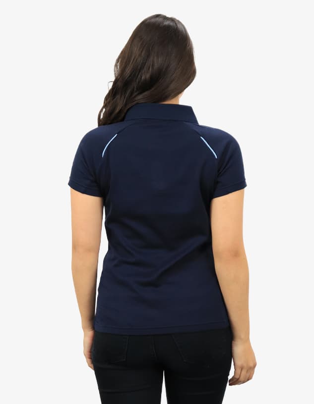 A navy blue polo shirt with a fitted design and contrasting light blue detailing on the shoulders, featuring a logo.