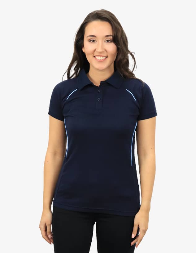 A navy polo shirt featuring light blue accents, displayed on a model. The shirt has a logo.