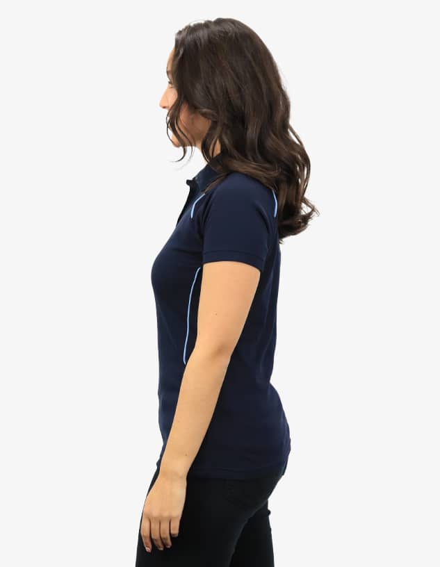 A navy blue polo shirt featuring contrasting blue accents and a logo on the chest.