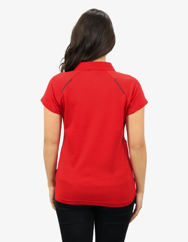 Red polo shirt with a fitted style, featuring short sleeves and a logo on the back.