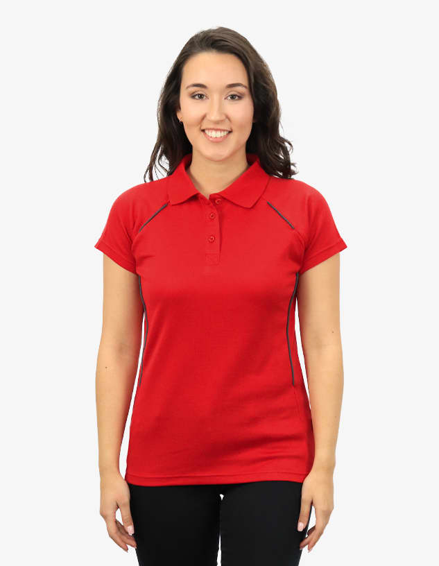 A red polo shirt with short sleeves and a logo. The shirt features contrast piping and a classic collar.