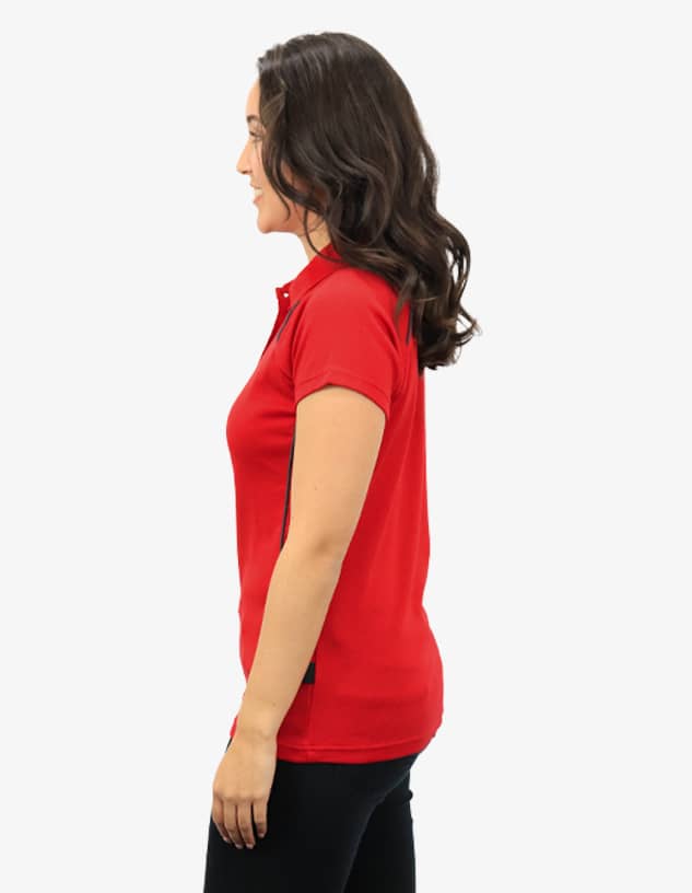 A red polo shirt with short sleeves, featuring a logo on the side. The shirt is fitted and has a classic collar.