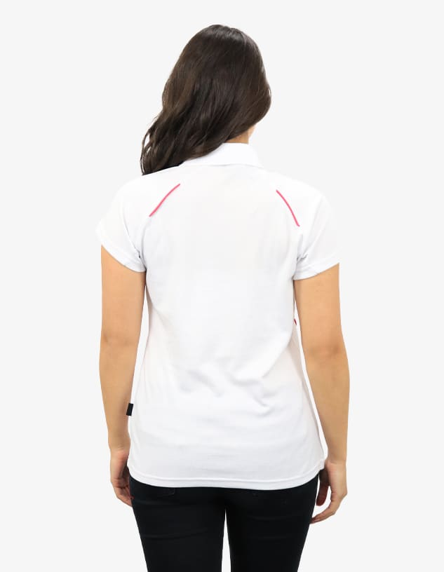 A white polo shirt with red accents, featuring a logo on the back.