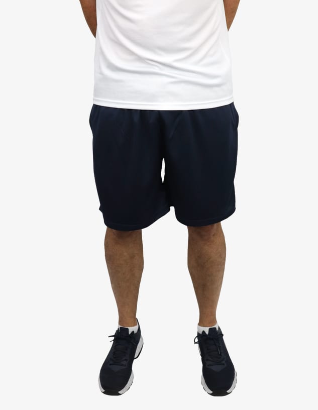 Navy blue sports shorts with an elastic waistband and side pockets, worn with a plain white shirt and black shoes.