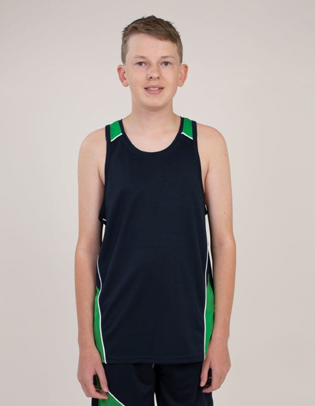 A navy singlet with green accents, worn by a young boy standing against a neutral background.